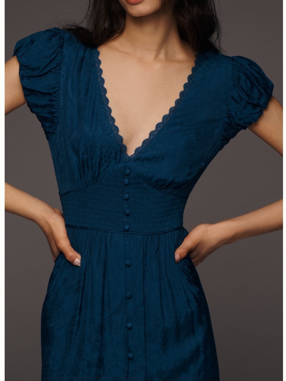 Anthropologie Peregrine V-Neck Midi Dress Silken Cap Sleeve Small Deep Sea Blue - Picture 2 of 15